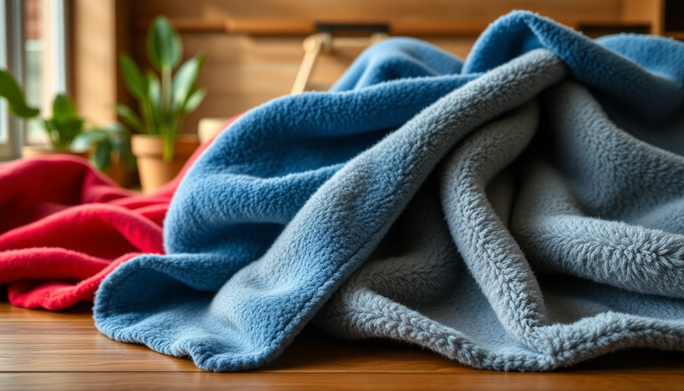 Fleece stof met verschillende kleuren uitgestald op een houten tafel in een gezellige setting.