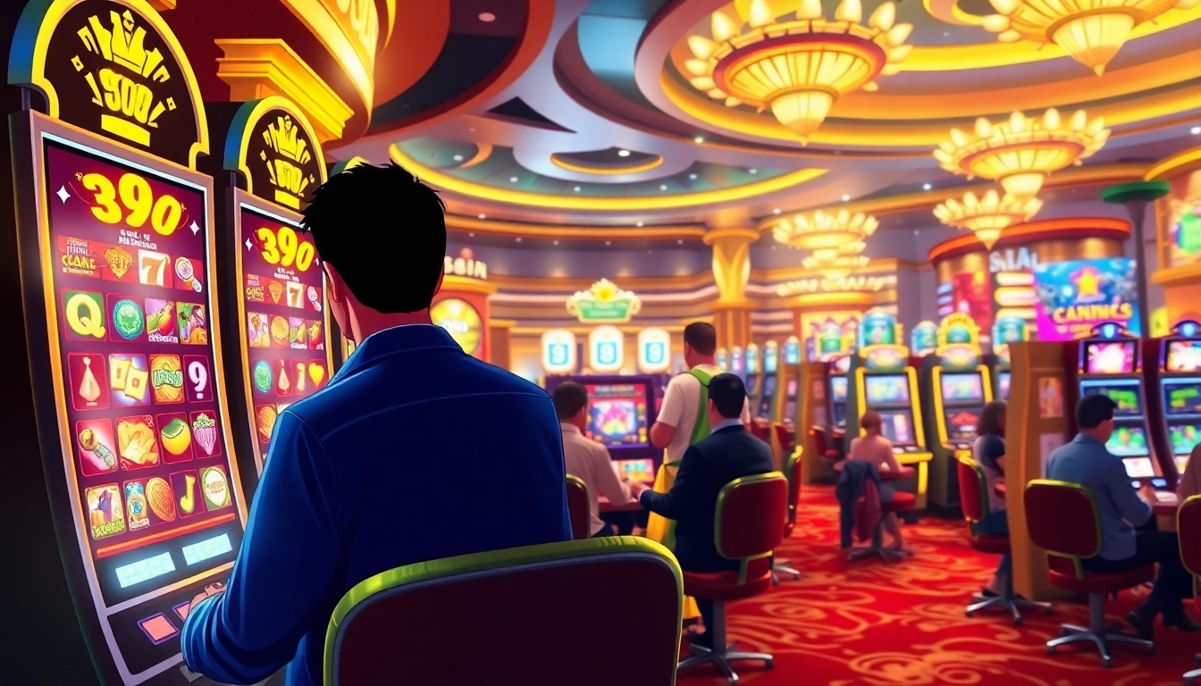 Menang besar dengan bos88 slot di kasino, suasana meriah dengan cahaya berwarna-warni.