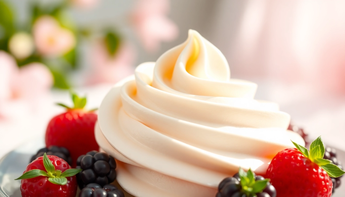 Geniet van mousseline crème elegant geserveerd met verse bessen op een bord.