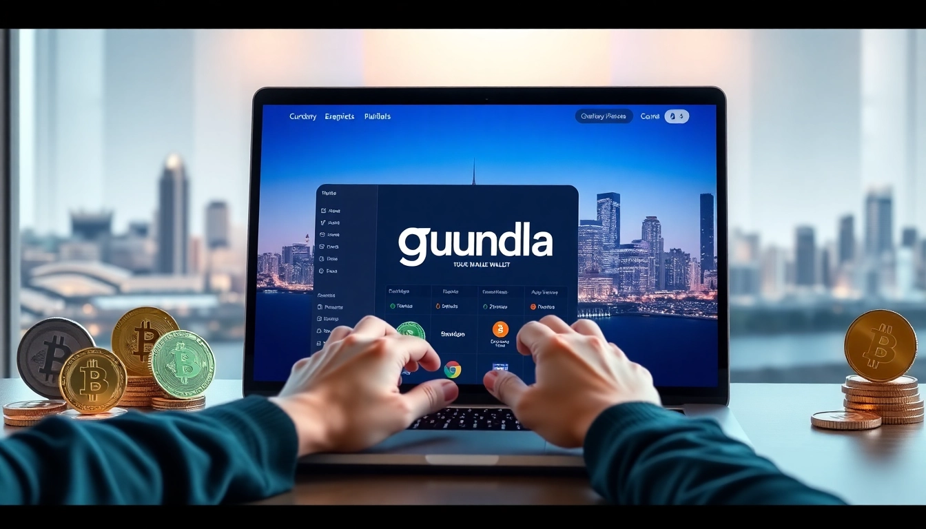 Interact with the guarda wallet on a sleek laptop surrounded by various cryptocurrency tokens.