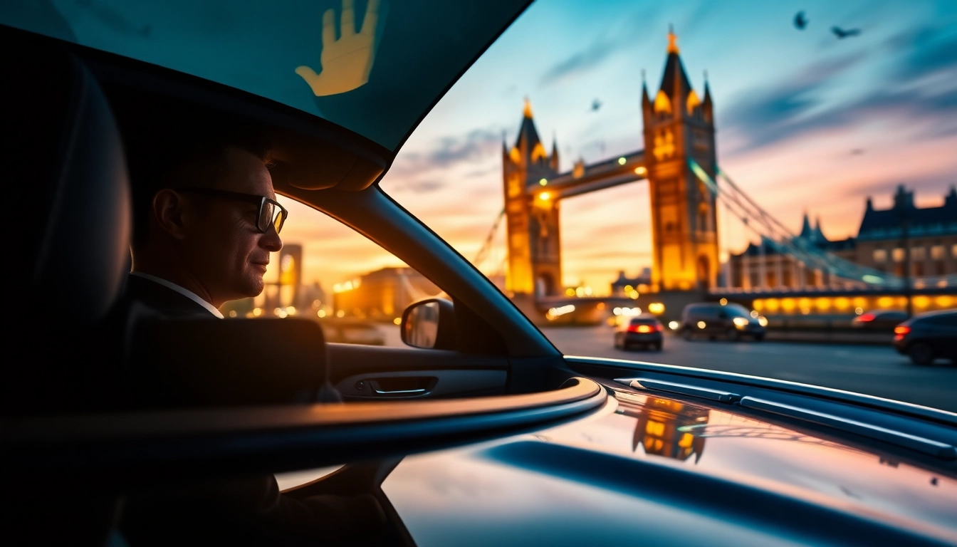 Experience a premium private chauffeur london service in a luxurious black car against London's stunning skyline.