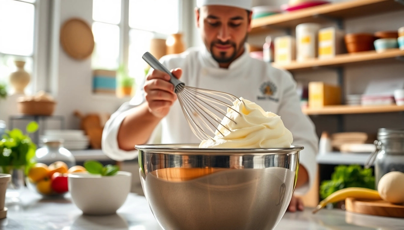 Bereid heerlijke mousseline crème in een sfeervolle keuken met frisse ingrediënten.