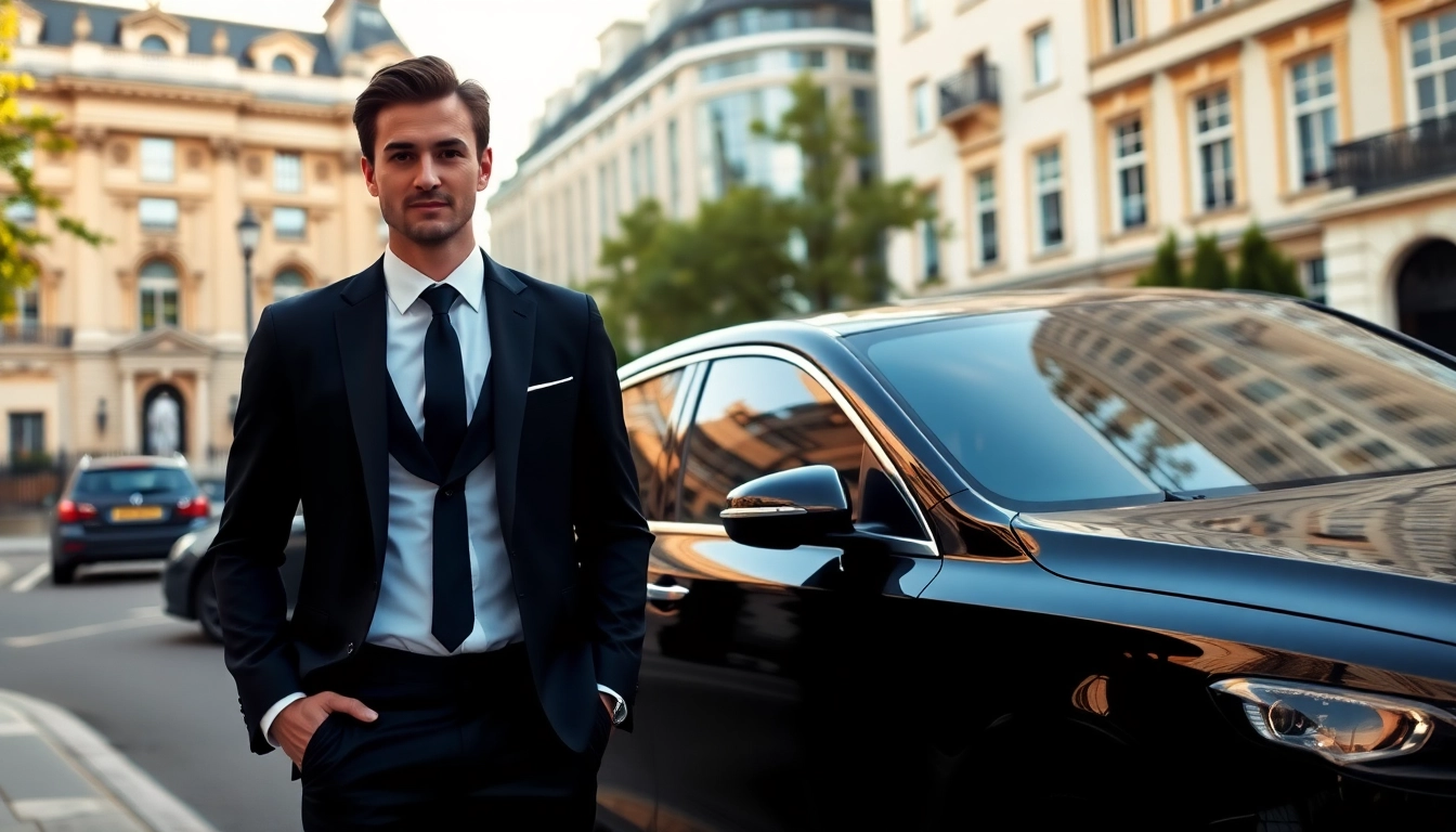 Experience chauffeur hire london with a professional chauffeur beside a luxury black car in London.
