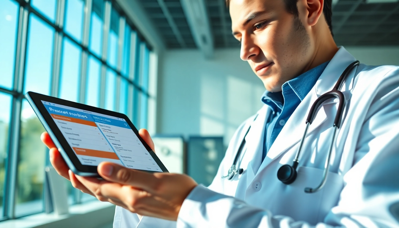 Engaging visual of top rated prescription applications displayed on a tablet in a modern clinic.