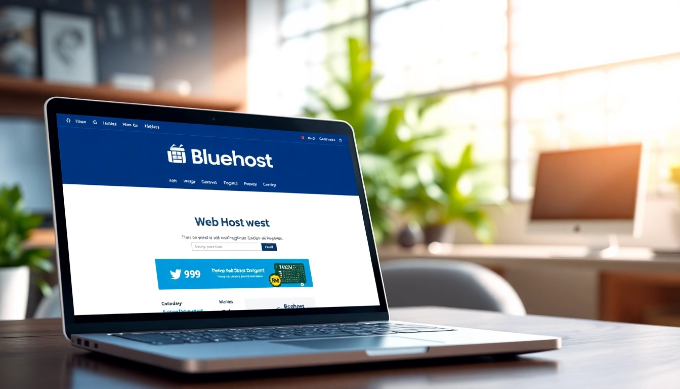 Showcase the Bluehost homepage on a laptop in a professional office setting.