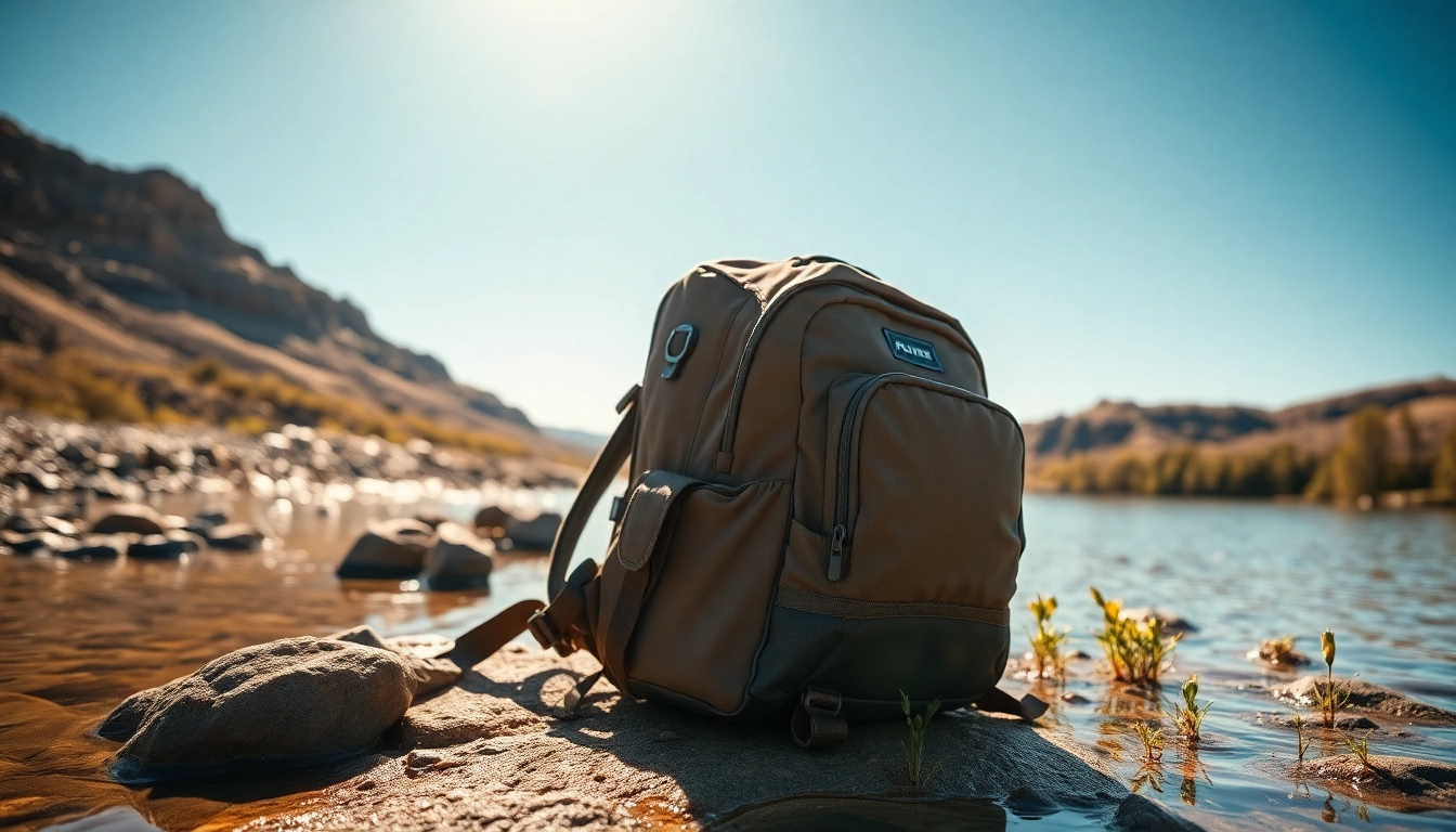 Showcase fly fishing backpack with ergonomic design on a scenic riverbank.