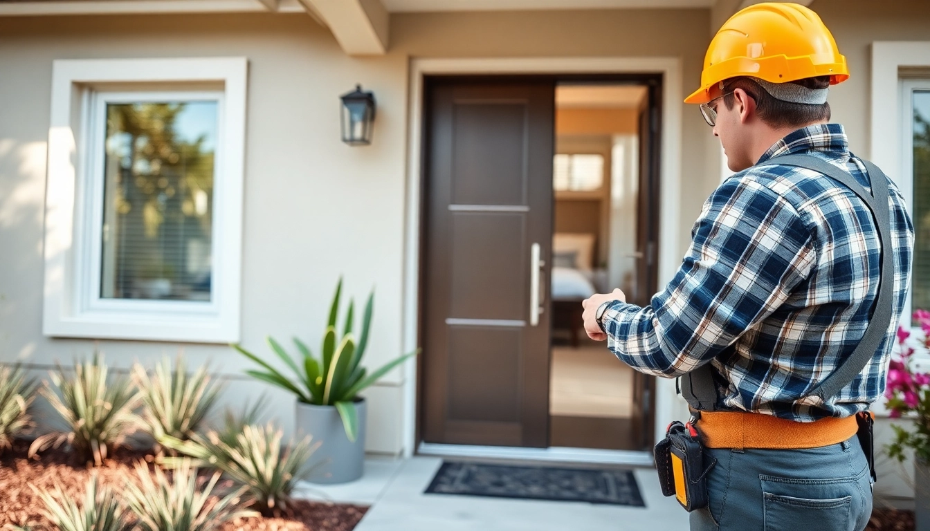 Installing a new door replacement Portland Oregon by a professional technician in a modern home setting.
