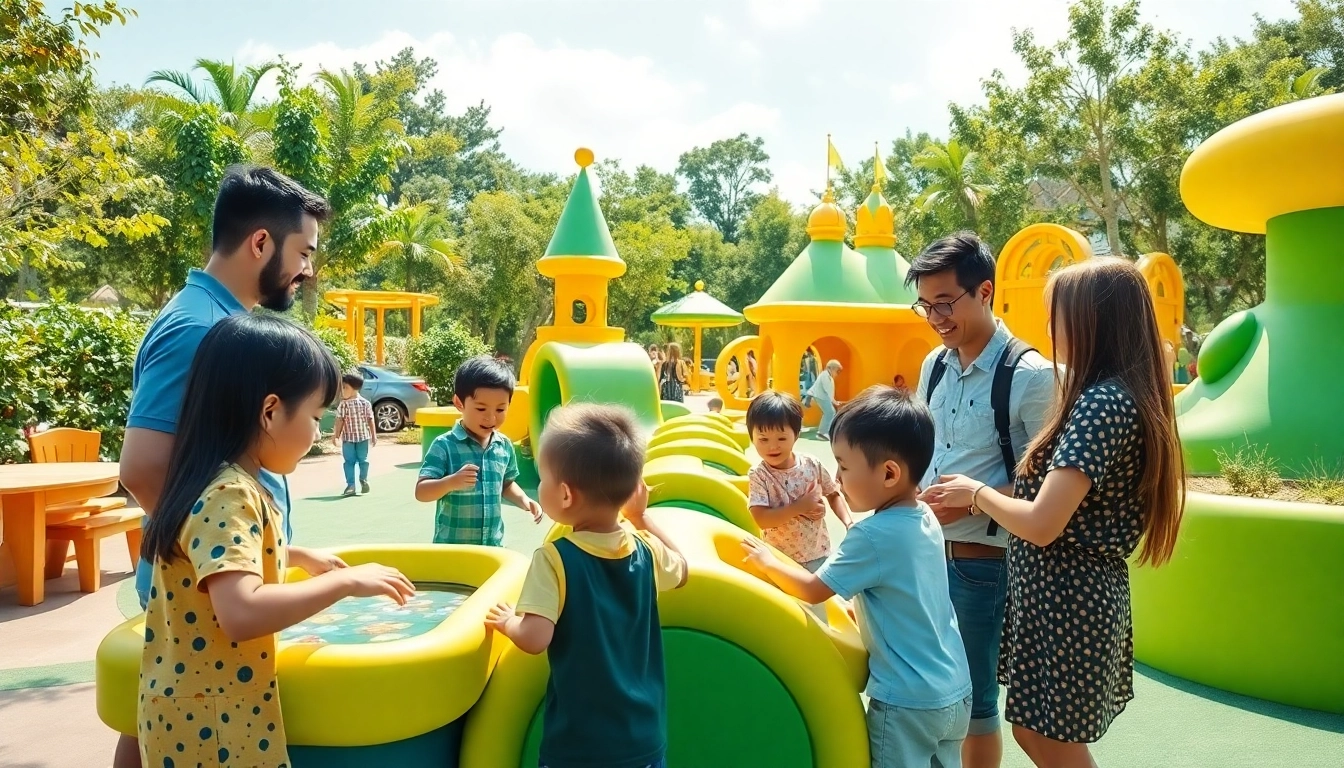Menggambarkan keluarga menikmati aktivitas di Totopia, taman bermain interaktif yang ceria.