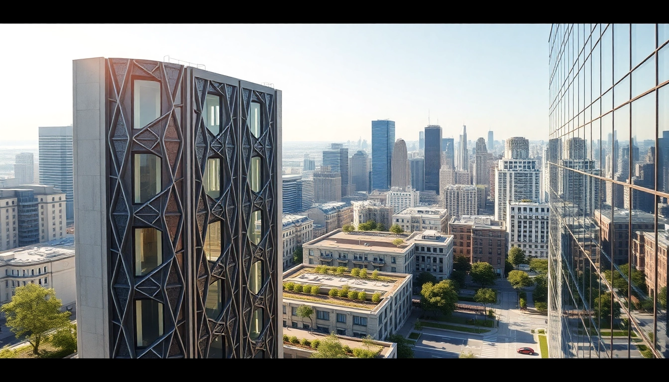 Architektur Visualisierung eines modernen Gebäudes in urbanem Umfeld mit lebendigen Details.
