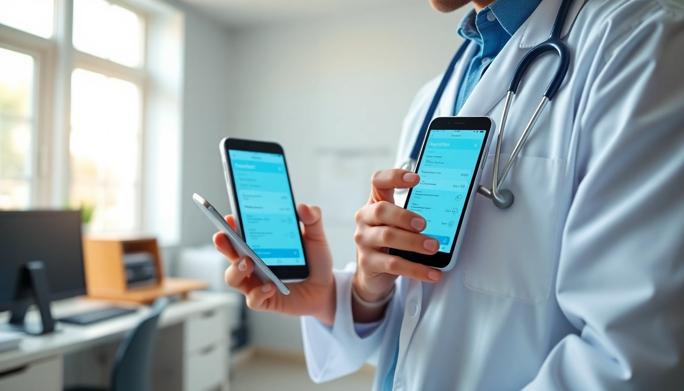 Highlighting advantages of using eprescription apps, a doctor interacts with a smartphone in a bright clinic.